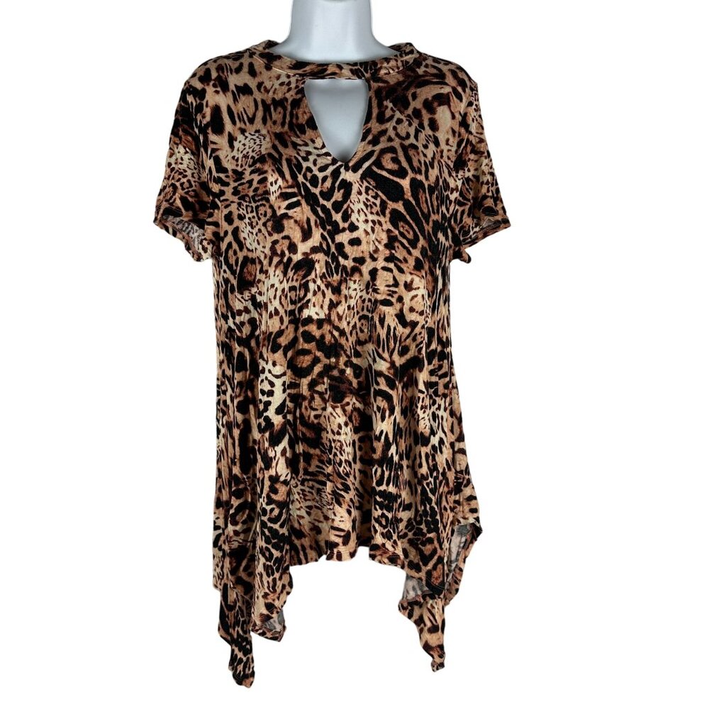 Jennifer Lopez Womens Leopard Print Top Keyhole Neck Short Sleeve Flowing Hem M